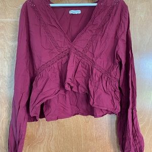 Aeropostale Maroon ruffled lace trim blouse.